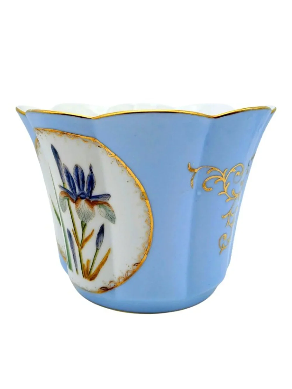 Vintage Blue Iris Cachepot Planter Scalloped Gold Trim Porcelain 5 in